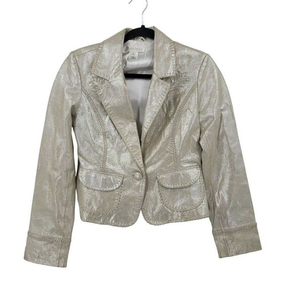 WHBM Metallic Gold Western Genuine Leather Bolero Jacket 6 Patch Work Embossed - Picture 1 of 15